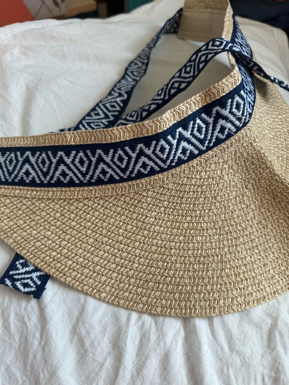 Chic Woven Straw Visor Hat with Navy Patterned Trim